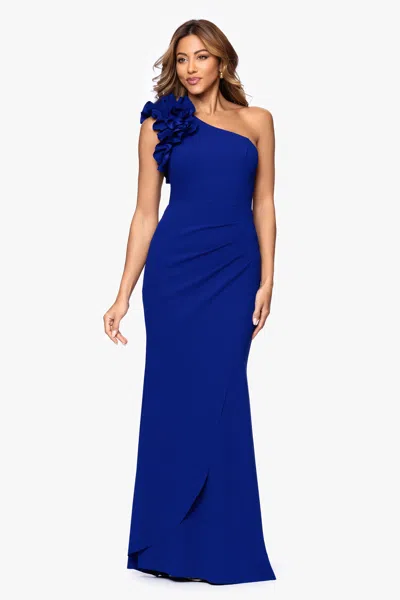 Xscape Evenings "ivy" One Shoulder Ruffle Scuba Crepe Dress In Blue