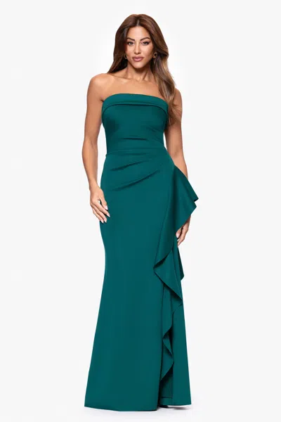 Xscape Evenings "jacqueline" Techno Scuba Strapless Ruffle Floor Length Dress In Green