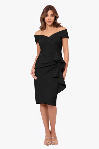Xscape Evenings Ruffle Off The Shoulder Scuba Crepe Cocktail Dress In Black