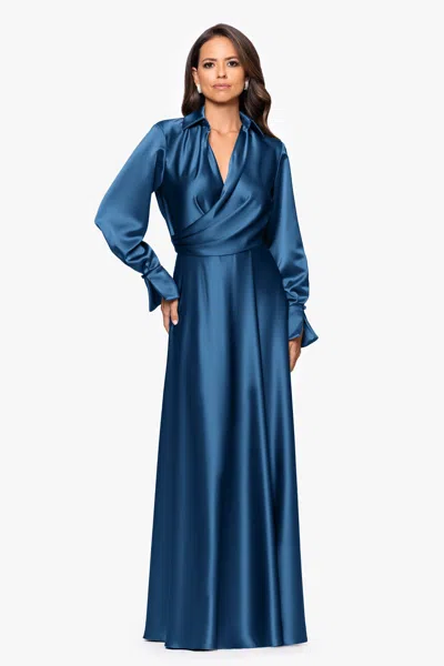 Xscape Evenings "kelandra" Satin Collared V-neck Long Sleeve Floor Length Dress In Blue