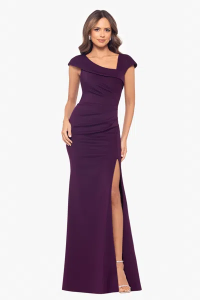 Xscape Evenings "lenore " Long Asymmetrical Neckline Scuba Dress In Purple