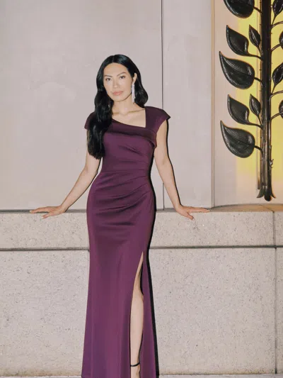 Xscape Evenings "lenore " Long Asymmetrical Neckline Scuba Dress In Purple