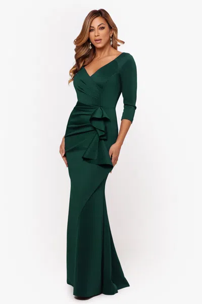 Xscape Evenings "lexi" Long Sleeve Scuba Ruched Side Dress In Green