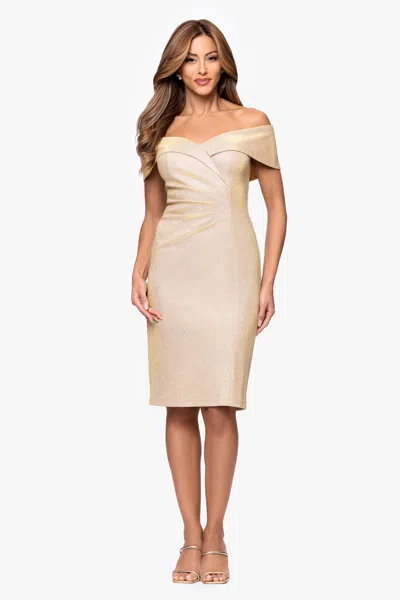 Xscape Evenings "nicole" Short Galaxy Glitter Off The Shoulder Rouched Dress In Gold