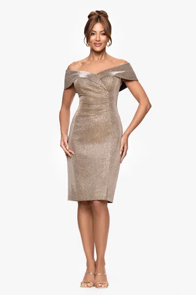Xscape Evenings "nicole" Short Galaxy Glitter Off The Shoulder Rouched Dress In Gold