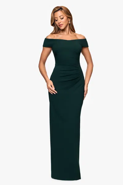 Xscape Evenings "ophelia" Scuba Crepe Off The Shoulder Floor Length Dress In Green