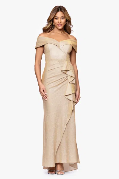 Xscape Evenings Cascade Ruffle Detail Off The Shoulder Metallic Knit Gown In Gray