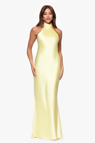 Xscape Evenings Halter Neck Satin Sheath Gown In Yellow