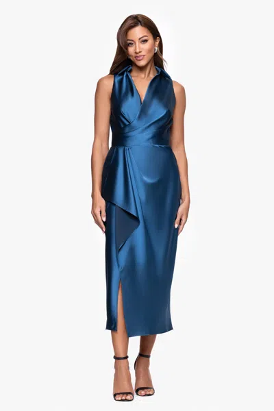 Xscape Evenings "roxy" Satin Sleeveless Collard Midi Dress In Blue