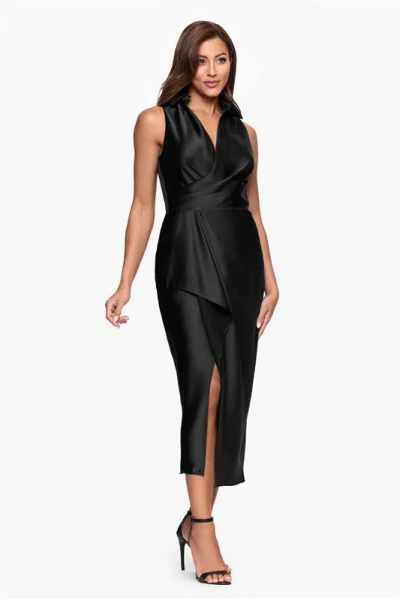 Xscape Evenings "roxy" Satin Sleeveless Collard Midi Dress In Black
