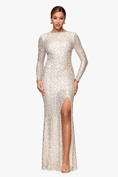 Xscape Evenings "ryann" Sequin Long Sleeve Floor Length Dress In Neutral