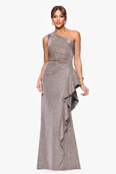 Xscape Evenings Galaxy One-shoulder Ruffle Detail Glitter Knit Gown In Brown