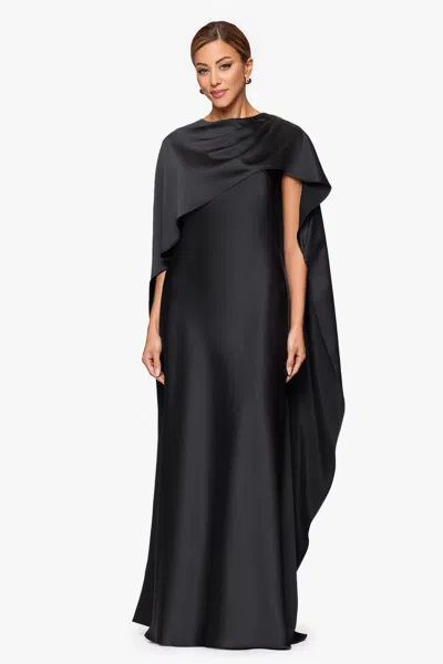 Xscape Evenings "tallulah" Satin Overlay Cape Floor Length Dress In Black