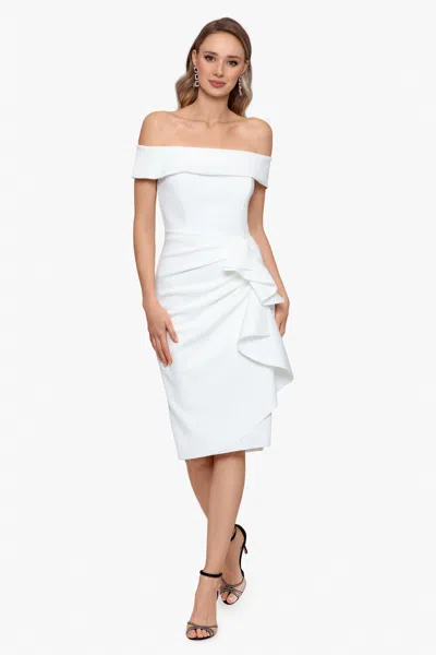 Xscape Evenings "vanessa" Short Off The Shoulder Scuba Crepe Side Ruched Dress In White
