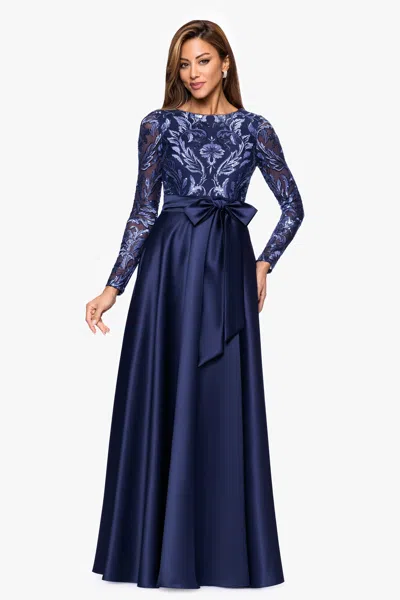Xscape Evenings "victoria" Sequin And Satin Long Sleeve Floor Length Dress In Blue