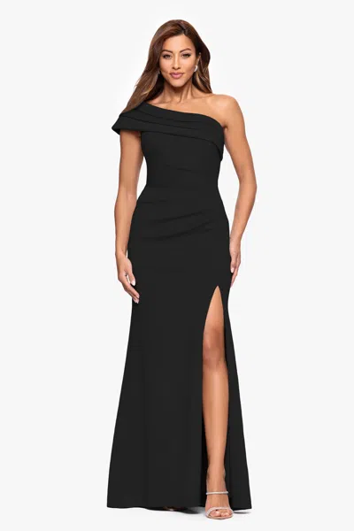 Xscape Evenings "whitney" Techno Scuba One Shoulder Off The Shoulder Floor Length Dress In Blue