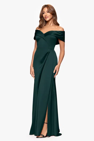 Xscape Evenings Petite "daliah" Satin Off The Shoulder Floor Length Dress In Red
