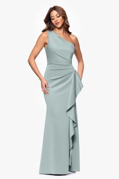 Xscape Evenings Petite "flo" Long Techno Scuba One Shoulder Ruffle Dress In Green