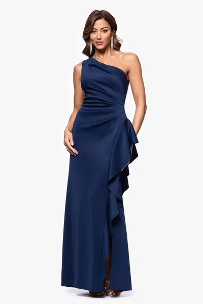 Xscape Evenings Petite "flo" Long Techno Scuba One Shoulder Ruffle Dress In Blue