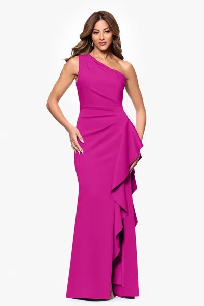 Xscape Evenings Petite "flo" Long Techno Scuba One Shoulder Ruffle Dress In Purple