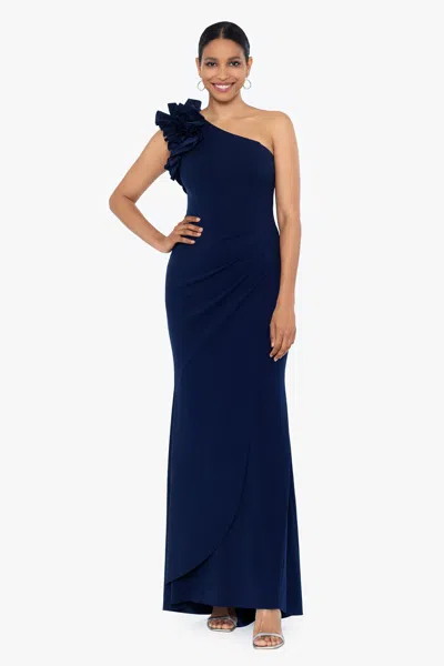 Xscape Evenings Petite "ivy" One Shoulder Ruffle Scuba Crepe Dress In Blue