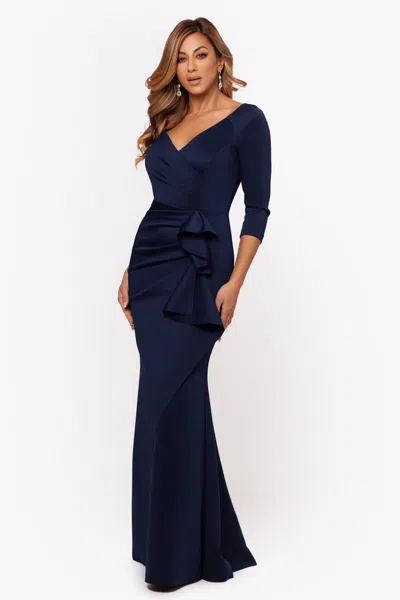 Xscape Evenings Petite "lexi" Side-slit Scuba V-neck Party Dress In Blue