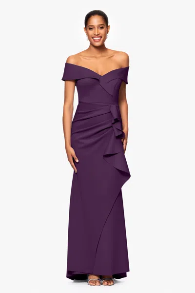 Xscape Evenings Petite "patti" Long Off The Shoulder Scuba Crepe Dress In Black