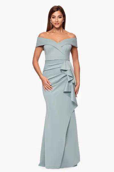 Xscape Evenings Petite "patti" Long Off The Shoulder Scuba Crepe Dress In Green