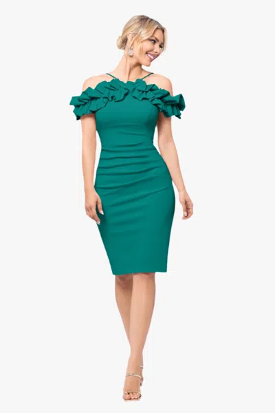 Xscape Evenings Petite "tyler" Short Scuba Crepe Off The Shoulder Ruffle Dress In Green