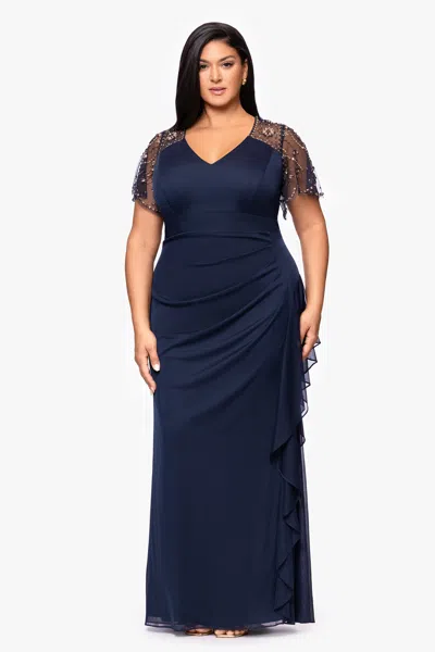Xscape Evenings Plus "arianna" Jersey Beaded Mesh Sleeves Floor Length Dress In Blue