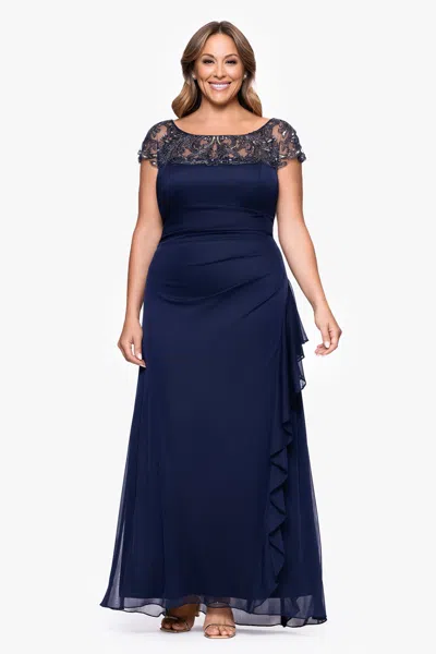 Xscape Evenings Plus "cathleen" Sheer Matte Jersey Beaded Neckline Ruffle Floor Length Dress In Blue