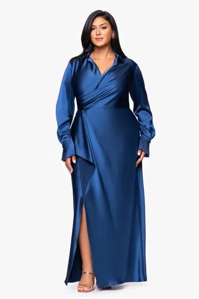 Xscape Evenings Plus "emery" Long Satin Long Sleeve Collared Dress In Blue