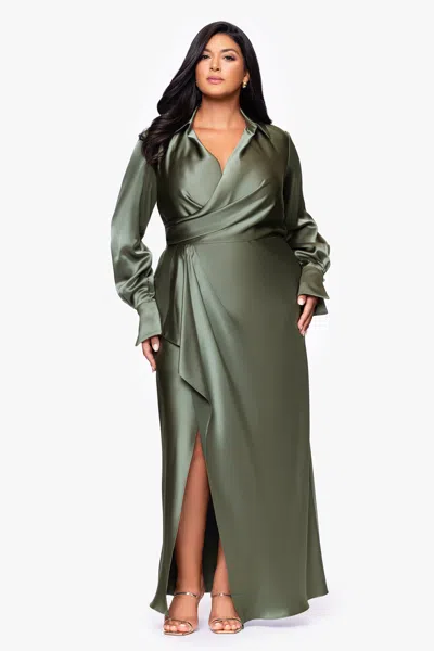 Xscape Evenings Plus "emery" Long Satin Long Sleeve Collared Dress In Green