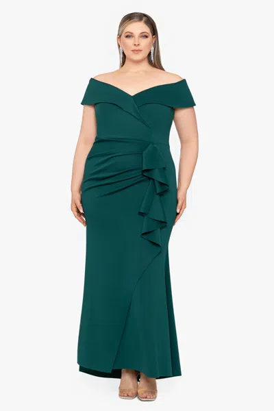 Xscape Evenings Plus "patti" Long Off The Shoulder Scuba Crepe Dress In Green