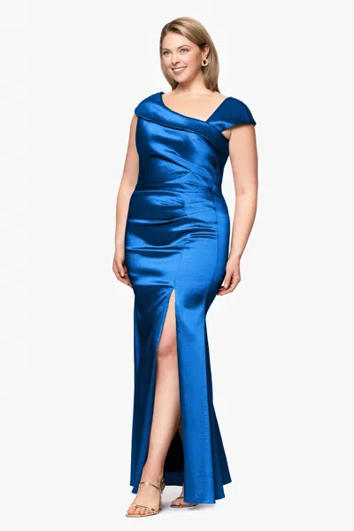 Xscape Evenings Plus "paulina" Taffeta Short Sleeve Asymmetric Neckline Floor Length Dress In Blue