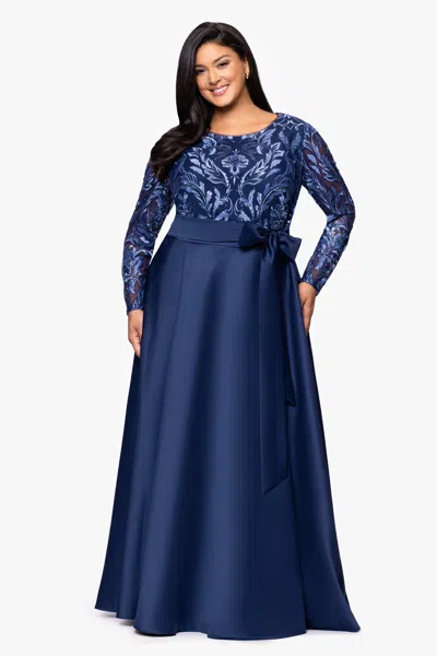 Xscape Evenings Plus "victoria" Sequin Bodice And Satin Skirt Long Sleeve Floor Length Dress In Blue