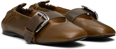 Ganni Khaki Buckle Strap Ballerina Flats In Brown