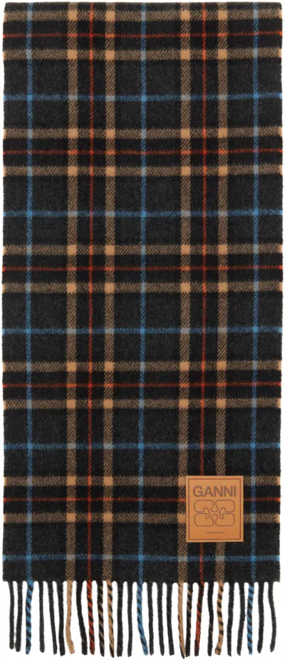Ganni Gray Check Wool Scarf In Gray