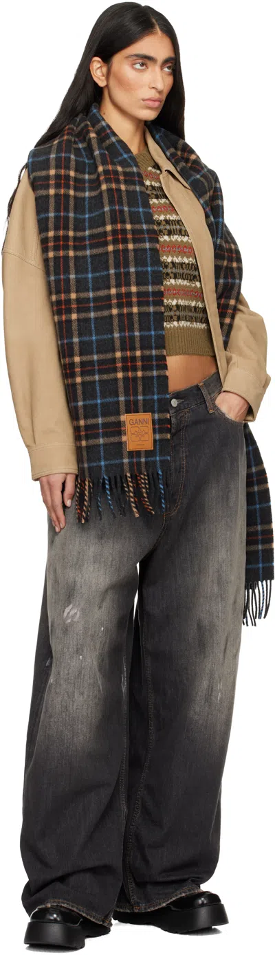 Ganni Gray Check Wool Scarf In Gray