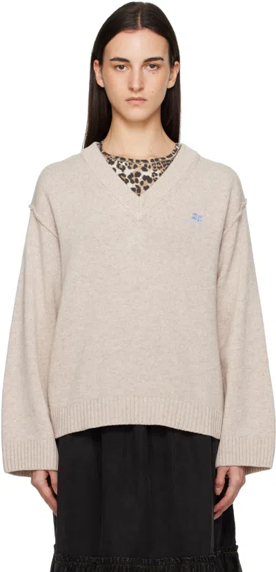 Ganni Beige Wool Mix V-neck Jumper Sweater In Neutral