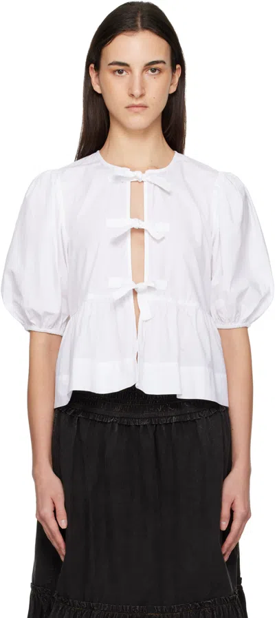 Ganni White Cotton Poplin Peplum Tie Blouse In White