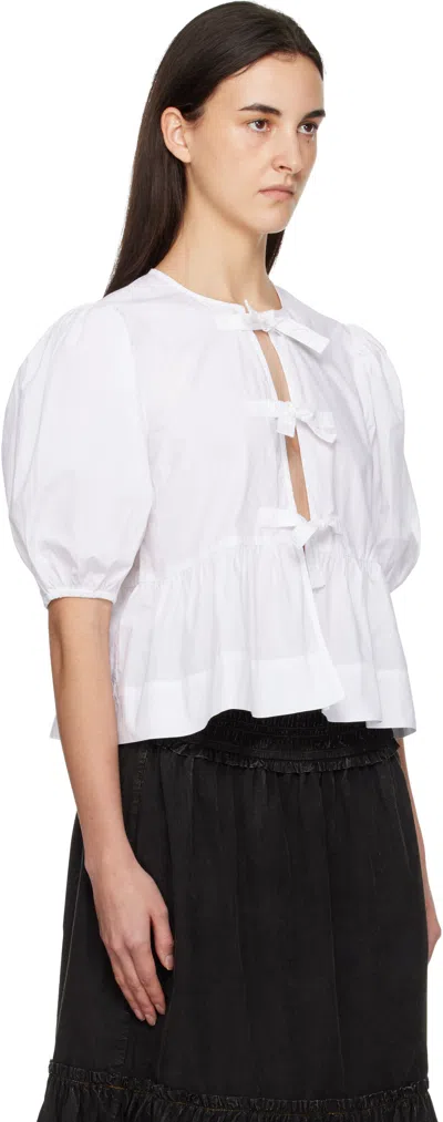 Ganni White Cotton Poplin Peplum Tie Blouse In White