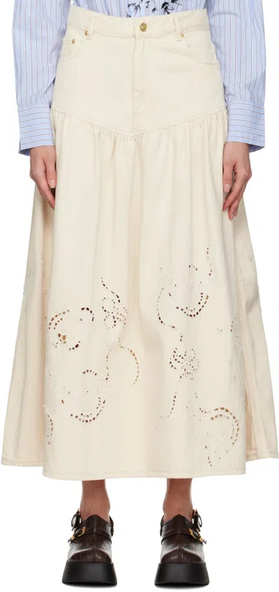 Ganni Off-white Broderie Anglaise Denim Maxi Skirt In Neutral