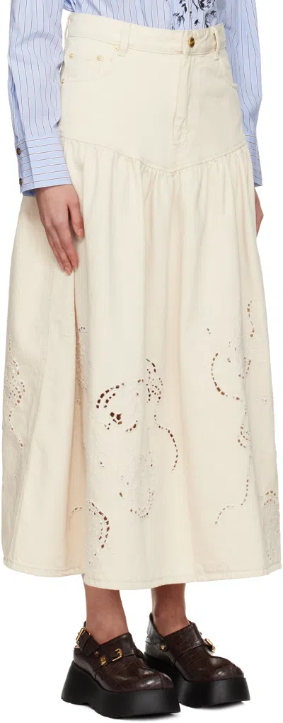 Ganni Off-white Broderie Anglaise Denim Maxi Skirt In Neutral