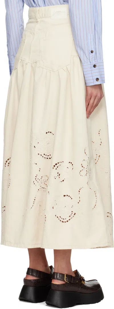 Ganni Off-white Broderie Anglaise Denim Maxi Skirt In Neutral