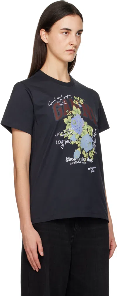 Ganni Black Rose T-shirt In Blue
