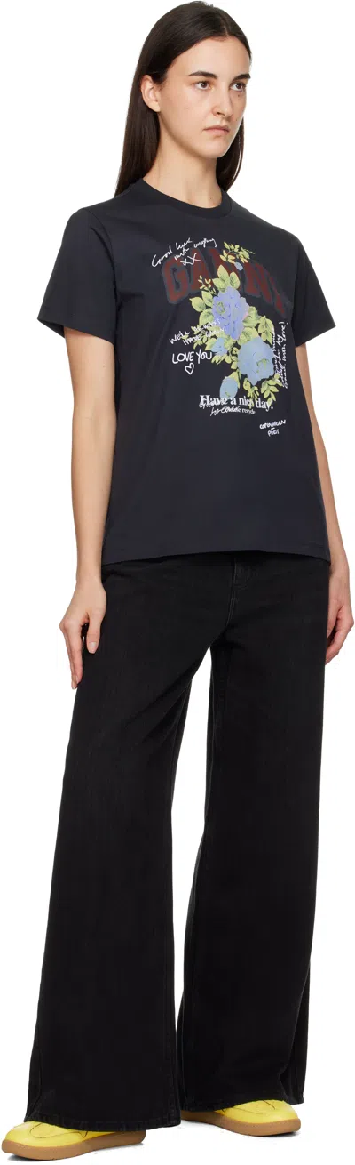 Ganni Black Rose T-shirt In Blue