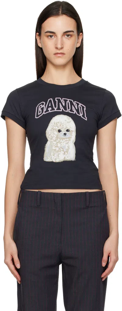 Ganni Washed Black T-shirt With Poodle Print In Animal Print