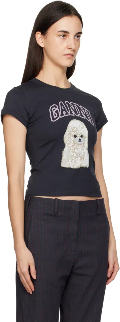 Ganni Washed Black T-shirt With Poodle Print In Animal Print