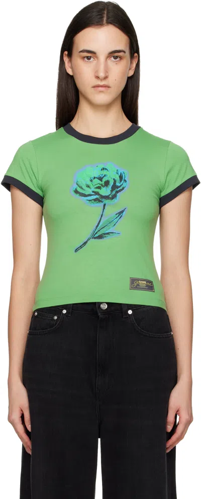 Ganni Green Basic Cotton Jersey Peony Baby Fit T-shirt In Multi